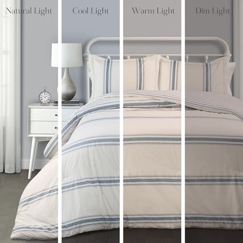 Lush Decor Farmhouse Stripe Reversible Cotton Comforter Set, 3 Piece Set, Full/ Queen, Blue - Cozy F𝐚rmhouse Bedding Set - Rustic Decor - Striped Comforter - Modern Farmho𝐮se Bedroom Decor - color: Blue, size: Full/Queen