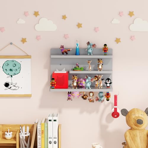 for Tonies Shelf Magnetic - Tonies Figure Organizer for Kids Room, Wooden Magnetic Display Shelf for Tonies Box Holder, Wall Floating Shelves Toy Storage Compatible Charging Station (3 Tier, Grey) - color: Grey, size: 3 Tier