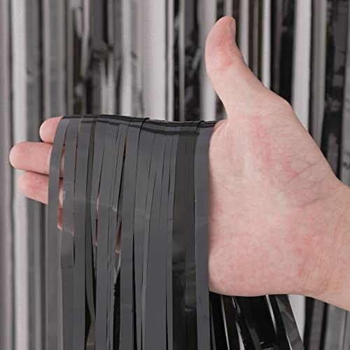 Voircoloria 3 Pack 3.3x8.2 Feet Black Foil Fringe Backdrop Curtains, Tinsel Streamers Birthday Party Decorations, Fringe Backdrop for Graduation, New Years, Halloween, Disco Party - color: 09 Black