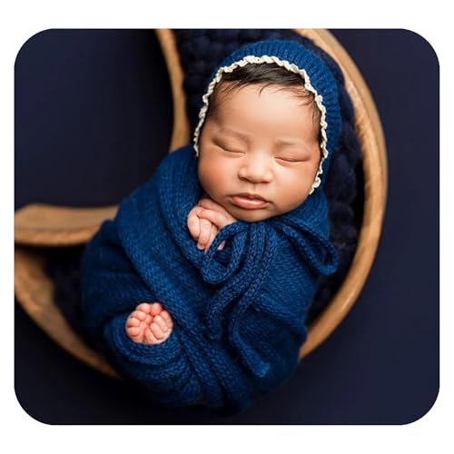 Coberllus Newborn Baby Photography Props Wrap Knitted Blanket Swaddle & lace Edge Bonnet for Boys Girls Photo Shoot Wrap Prop (Navy Blue) - color: Navy Blue