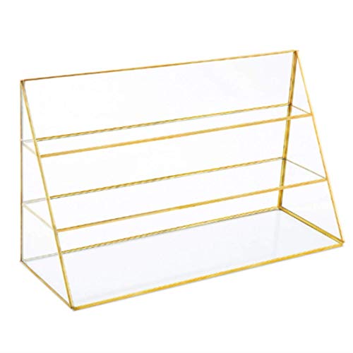 Yamfurvo 3-Tier Glass Triangular Prism Shaped Home or Retail Display Showcases, Jewelry Display Stands with Vintage Style Brass Tone Metal Frame (Large)