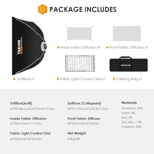 TARION 23.6"x35.4" Quick Release Strip Softbox - Foldable Bowens Mount Softbox with Diffusers/Honeycomb Grid/Carrying Bag for Live Streaming, Photography, Videography (SQ-6090F) - size: 23.6x35.4 in (60x90cm)