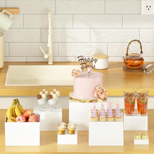 6 Pcs White Acrylic Boxes for Display as Buffet Risers and Stands, Food Risers for Party, Table, Stands, including 8", 7", 6", 5", 4", 3" (Small, 6Pcs, White) - size: Small, 6Pcs, White