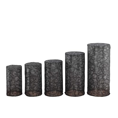Efavormart Set of 5 Black Sequin Mesh Cylinder Display Box Stand Covers with Leaf Vine Embroidery, Sparkly Sheer Tulle Pedestal Pillar Prop Covers - color: Black, size: Sequin Mesh Cylinder Covers - Leaf Pattern