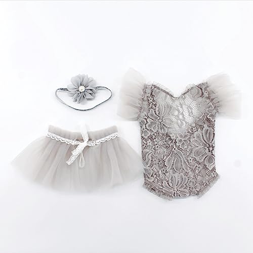 Baby Photography Props Outfit Lace Rompers Newborn Girl Photo Shoot Outfits Flower Headband Princess Costume - color: Grey B