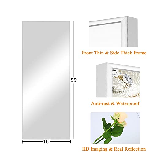 NeuType 55'' X 16'' Full Length Mirror Aluminum Alloy Thin Frame Floor Mirror Wall Mirror Dressing Mirror Hanging or Leaning Against Wall, Bedroom Mirror White with Stand (A-MR01059-JP006) - color: White, size: 55"L x 16"W