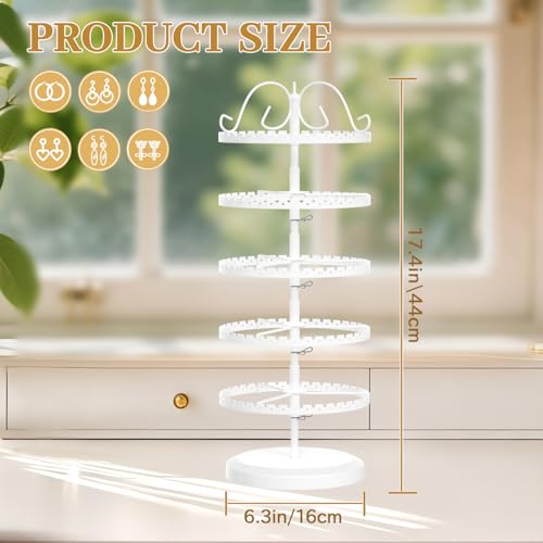 MODOWEY 5 Tier Rotating Earring Holder Organizer Stand, Adjustable Metal Display Tree Rack for Women, 400 Hole and Groove Large Storage for Pierced Stud Dangle Hoop, Compact for Small Dresser, White - color: White, size: 5-tier