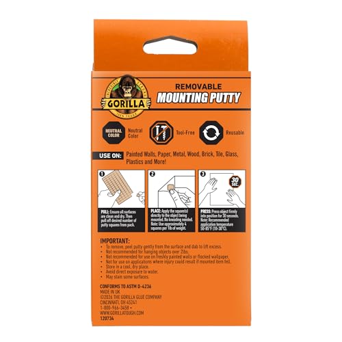 Gorilla Mounting Putty, Natural Tan Color, 168 Pre-Cut Squares (Pack of 1) - Non-Toxic Removable & Repositionable Wall Putty - size: 1 Pack, style: 4 Ounce