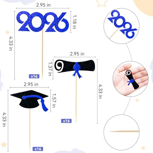 Pre-Assembled Graduation Cupcake Toppers 48 PCS, Class of 2026 Mini Cake Decorations Grad Cap & Diploma, Food & Appetizer Picks for Graduation Party - color: Blue