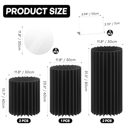 5 Pack Cylinder Stands for Party 15.7" 23.6" 31.5" Height Foldable Cardboard Tall Columns Cylinder Tables Round Cake Pedestal Stands Display Plinth Pillar for Wedding Birthday Party Decor (Black) - color: Black