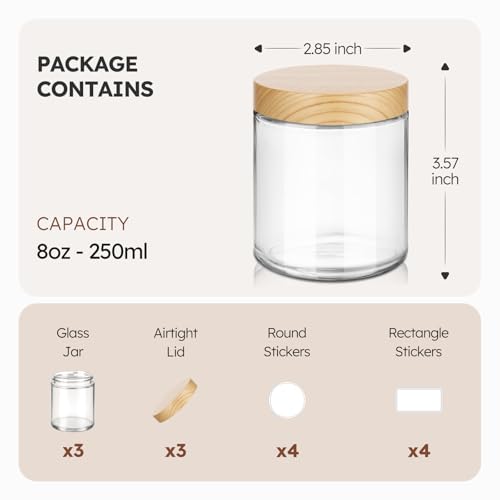 Tecohouse 8oz Glass Jars with Plastic Woodgrain Lids, 3 Pack Candle Jars with Blank Labels, 250g Clear Glass, Wide Mouth | Cosmetic Containers for Sample, Cream, Lotion, Honey, Powder, Jelly - color: Clear-Woodgrain Lids