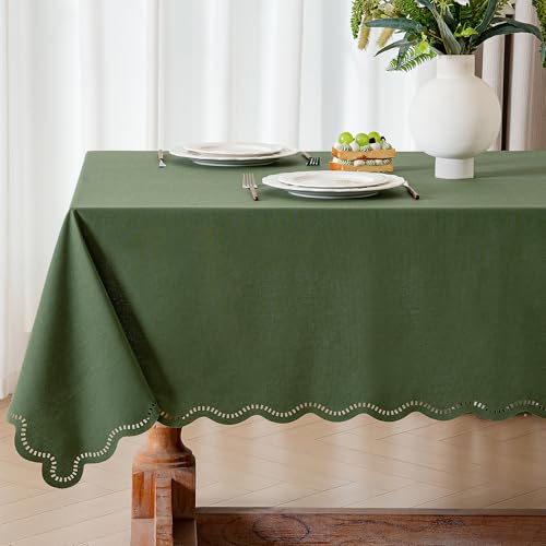 Moss Green Tablecloth Rectangle Linen Textured Waterproof & Stain Resistant Outdoor Table Cloth Spring Decorative Scalloped Cutouts Farmhouse Table Cover for Dining Tables, Party, Camping, 52x70 Inch - color: Moss Green, size: 70" x 52" (Rectangular)