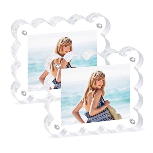 2Pack Magnetic Acrylic Picture Frames 2×3 Inch - Scalloped Glass Frame with 10+10mm Thick Block, Double Sided Clear Frames for Desktop Display | Trendy Home Gift (2 Pack, 2×3) - color: 2 Pack, size: 2×3