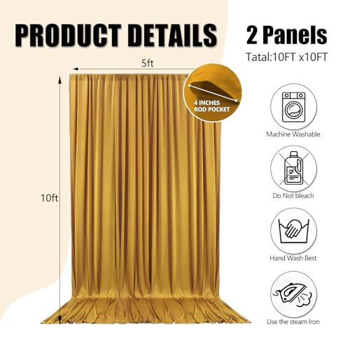 10ft x 10ft Gold Backdrop Curtains for Parties, Fabric Satin Background Curtain with Rod Pockets for Weddings, Birthday, Baby Shower, Photography, Graduation Party Backdrop Drapes, 2 Panels - color: Gold