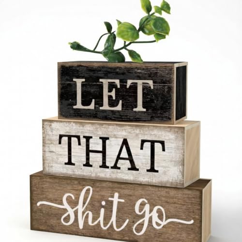 Moucuny 4 Pcs Wooden Tabletop Decor Tiered Tray Decor Centerpiece Rustic Decorative Block Signs Gift Farmhouse Table Decoration for Home Kitchen(Bathroom) - style: BathroomDonkey
