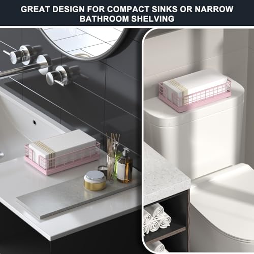 Wican Guest Towel Holder Tray for Bathroom, Oak and Iron Napkins Holder for Powder Room Dinning Table Wooden Basket for Disposable Paper Hand Towels Totally Pink - color: Totally Pink, size: 9.06 x 5.51 x 2.56 inchs