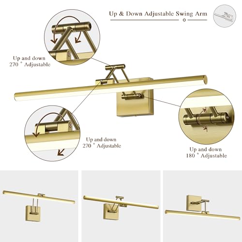 Joossnwell Hard-Wired Picture Light for Wall Brass Art Lighting Dimmable Gallery Light 23.39 inch Picture Frame Light with Adjustable Swing Arm for Painting Library Display Artwork Museum Warm White - color: Hard-Wired Brass, size: Dimmable 23.62inch