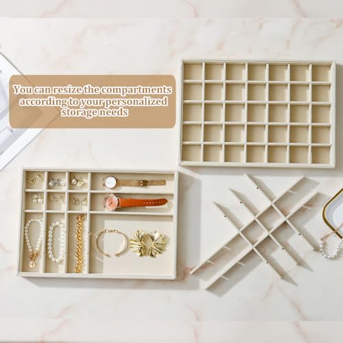 Large Velvet Jewelry Tray 2 Pack Stackable Jewelry Display Drawer Inserts Trays Organizer for Earring Bracelet Necklace Ring (Beige, 35 Grids) - color: Beige, size: 35 Grids