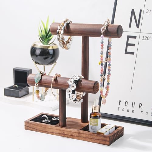 Bracelet Holder, Bracelet Display Stand for Vendors, T-Bar Necklace Scrunchie Wooden Storage Rack, Bangle Watch Jewelry Display Tower (2 Tier) - size: 2 Tier