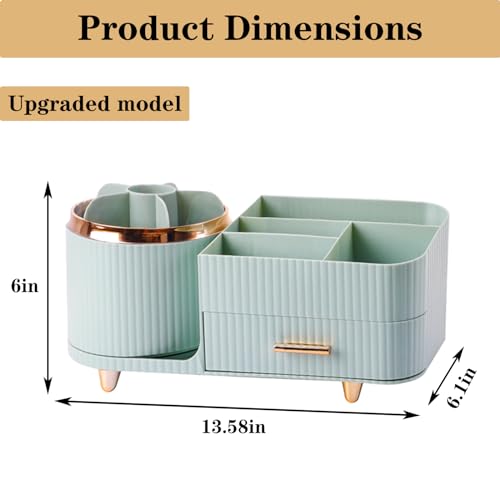 Rotating Makeup Organizer for Vanity with Brush Holder and Drawer, Cosmetic Makeup Storage, Large Spinning Makeup Skincare Organizer, Countertop Makeup Perfume Organizer, Lotions Display Case (Green) - color: With Drawer-Green