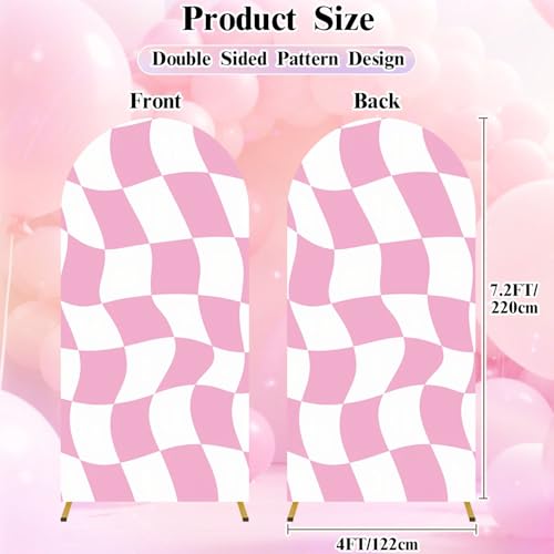 7.2FT Wedding Arch Backdrop Cover Wavy Checkered Pink White Graphic Retro Seamless Spandex Fitted Fabric Round Top Stretchy Stand Covers for Baby Shower Birthday Party Decoration - color: Color1, size: 7.2x4 FT