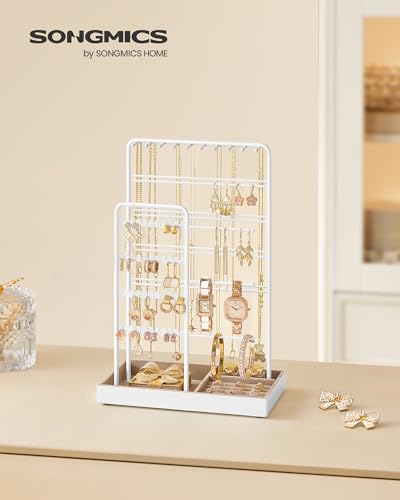 SONGMICS Necklace Holder, Jewelry Stand Holder Organizer, Jewelry Display with Metal Frame, Velvet Tray, Earring Bracelet Holder, for Gift Idea, 5.5 x 9.4 x 14.1 inch, Matte White UJJS028W01 - color: Matte White, size: 5.5"D x 9.4"W x 14.1"H