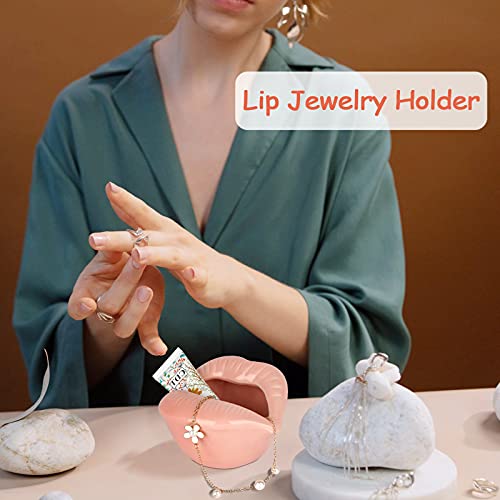 Trycooling Ceramic Red Lips Lipstick Ring Holder Jewelry Tray Rack Decorative Cosmetic Storage Display Holder Desktop Hairpin Storage Organizer Birthday Choice (Pink) - color: Pink