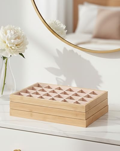 Rocutus Jewelry Trays,3 Pack Stackable Velvet Jewelry Organizer Tray Drawer Jewelry Storage Tray,Divided Ring Organizer Tray for Earrings, Necklaces, Bracelets,13.8"x9.5"x1.2" (Wood) - color: Wood