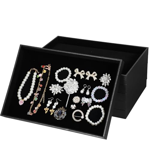 6PCS Black Velvet Stackable Jewelry Trays, Jewelry Organizer Tray for Drawers, Countertop & Dresser, Soft Showcase Trays for Rings, Necklaces, Earrings (Velvet Lining)