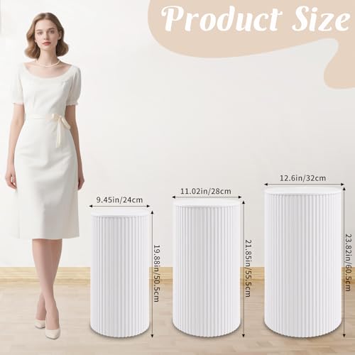 Metal Pleated Cylinder Pedestal Stands for Party, 3 Pieces Heavy Duty Round Cake Pedestal Stand Display Plinth Pillars Art Decor for Wedding Ceremony Birthday Party(Small, White) - size: L:23.82"x12.6", M:21.85"x11.02", S:19.88"x9.45"