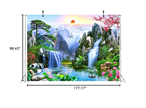 BELECO 15x8ft Fabric Fairyland Mountain Lake Photography Backdrop Waterfalls Swans Fish Flowers Dreamy Natural Landscape Painting Background Wall Murals Home Decor Kids Adults Portrait Photoshoot - size: 15x8FT