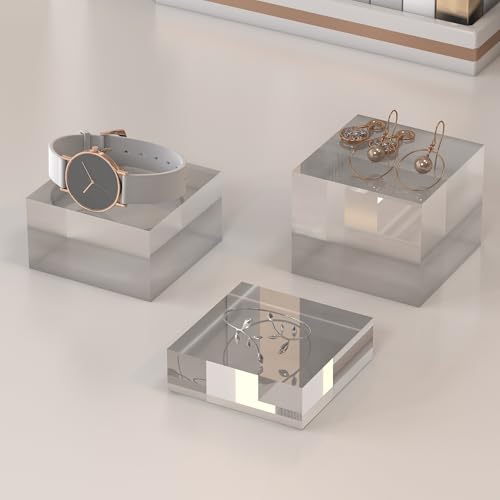 Acrylic Display Stands, 3 Graduated Sizes Acrylic Block Riser for Displaying Collection, Crystal Clear Acrylic Cube Pedestals for Jewelry Glass, Gem and Collectables, 1set