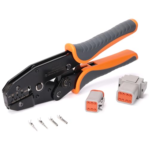iCrimp Deutsch Ratchet Crimp Tool with Precise Positioning, Open Barrel Crimper for DT Connector Size 12 Stamped Contacts, 14, 12 AWG, Automotive Wiring Repair