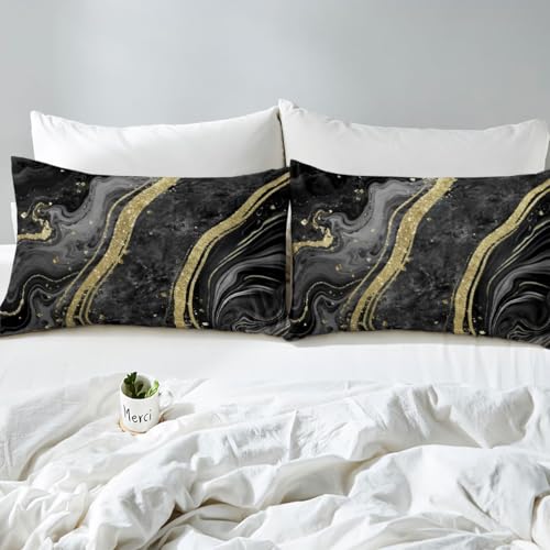 Erosebridal Black Marble Queen Sheets for Kids Boys Girls Teens - Modern Chic Geometric Bed Sets Marbling Aesthetic Sheets Liquid Metallic Texture Flat Fitted Sheet - color: Black, size: Queen