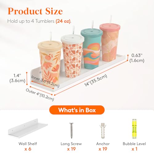Lifewit Floating Shelves for Wall, Acrylic Display Shelf Wall Mounted for Figure, Car, Art, Book, 14" Perfume Organizer for Bathroom, Bedroom, Living Room, Nursery, Home Decor, White, 6 Pack - color: White