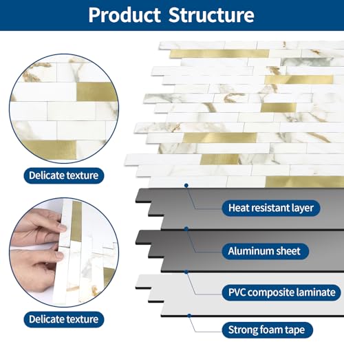 10 - Sheet Peel and Stick Backsplash Wall Tile, PVC Kitchen Backsplash, Stick on Tiles for Backsplash Kitchen (12'' X 12'', White with Gold) - color: White With Gold