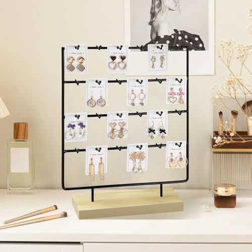 Earring Display Stand for Selling, 4 Tier Wooden Base Earring Rack Tower Display Holder Stand (24 Hooks, Black) - color: Black