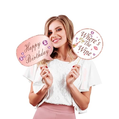 33 Pcs Rose Gold Photo Booth Props, Happy Birthday Table Centerpieces & Party Favor Supplies for Women's Birthday Celebration Decorations