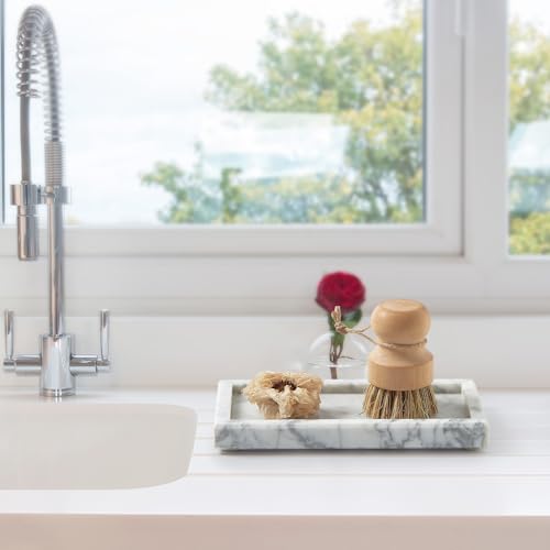 Natural Small Marble Vanity Tray, Luxury Stone Organizer for Bathroom & Kitchen | Holds Soap Dispenser, Jewelry, Perfume | Non-Resin, Non-Ceramic Décor - color: White, size: 7.9" x 4.3" x 0.8"