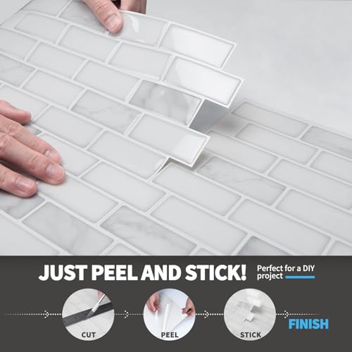 Art3d 10-Sheet Peel and Stick Backsplash Tile in White Marble, Self-Adhesive Wall Tiles Stick on Kitchen Laundry Room RV Renter - 12 x 12 Inch - color: White Marble