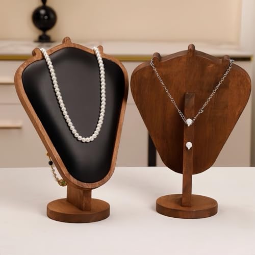 Walnut Color Body Wood Necklace Display Stand with Black Leather Soft Mat Necklace Holder Organizer Desktop Stand for Home Store Dresser-4.45"x8.4"x12" - color: Walnut-Black, size: 4.45"x8.4"x12"