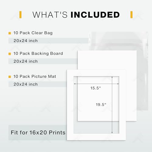Golden State Art, Pack of 10, Pre-Cut 20x24 White Picture Mat Kit for 16x20 Photo, 10 White Core Bevel Cut Mattes, 10 Backing Boards and 10 Clear Bags - color: White, size: 20x24 for 16x20 (10 Pack)