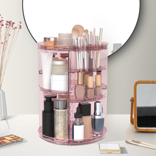 Rotating Makeup Organizer, DIY 8 Adjustable Layers 360 Spinning Skincare Organizers, Makeup Storage Carousel Tower with Brush Holder & Perfume Trays, Cosmetic Display Case for Vanity Bathroom - color: Clear Pink