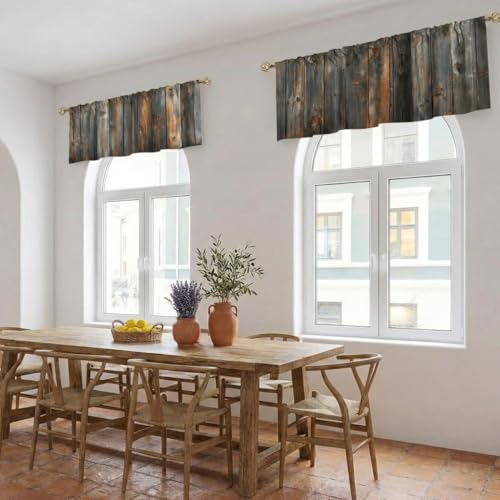 Rustic Wood Plank Pattern Curtain, Two-Pack, Weathered Barn Texture Background, Suitable for Kitchen, Bathroom, Bedroom, 54x18 inches. - color: Rustic Wood Plank