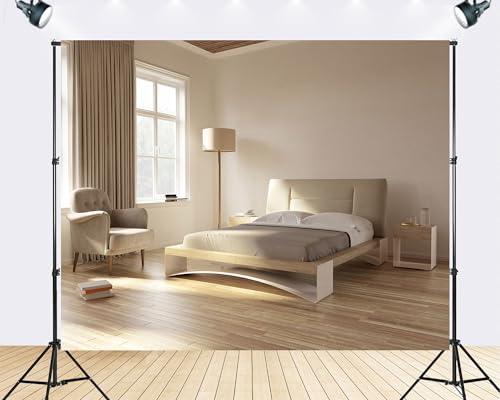 Trykid 10x8ft Minimalist Beige Bedroom Backdrop Modern Wood Bed Neutral Tone Interior Photography Background Cozy Home Decor Hotel Room Party Decoration Tapestry Photo Booth Prop Fabric - size: 10x8ft