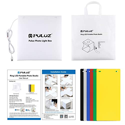 PULUZ 30cm Ring Light Photo Studio Light Box, Adjustable Portable Photography Shooting Light Tent Kit with White/Warm/Soft Lighting 128pcs LED Lights + 6 Backdrops for Product Display - size: 12*12 Inch - A