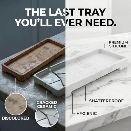 Countertop Vanity Tray - Silicone Bathroom Sink Organizer & Kitchen Soap Tray, Footed Anti-Slip Design, Waterproof Caddy for Perfume, Jewelry, Makeup, Bottle, Oil, Sponge Holder, White Marble 10"x4.2" - color: White Marble