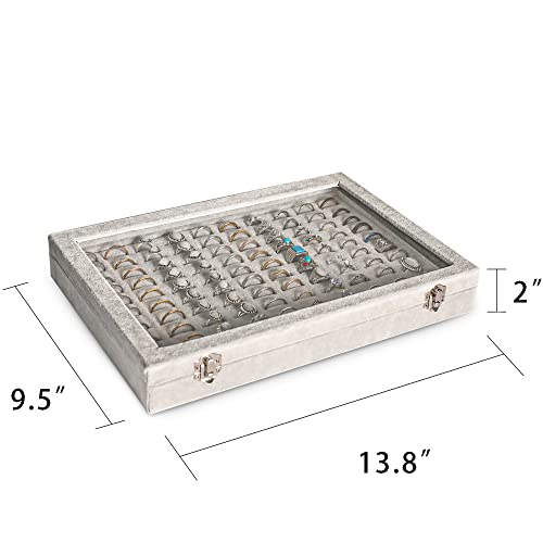 Frebeauty Ring Organizer Tray 100 Slots Ring Holder with Clear Lid Velvet Storage Box Jewelry Tray for Jewelry Store Earring Display Case for Jewelry Show Studs Box for Women(Grey) - color: Grey
