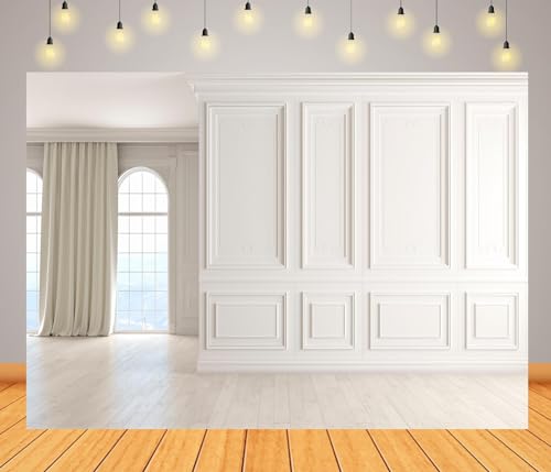 BELECO 10x8ft Fabric Vintage Room Interior Backdrop Classic Grey White Wall with Wooden Floor European Frame Wall Empty Living Room Window Background Business Office Decor Portrait Shoot Photo Prop - size: 10x8FT