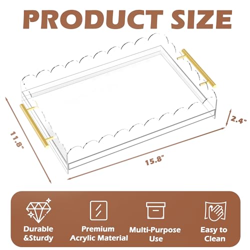 Scalloped Acrylic Tray, 16" x 12" Acrylic Trays for Needlepoint with Metal Handles and Pull-Out Drawer for Photos, Art Prints, Postcards, Decorative Organizer Trays for Vanity & Home - size: 16" x 12" x 2.4"